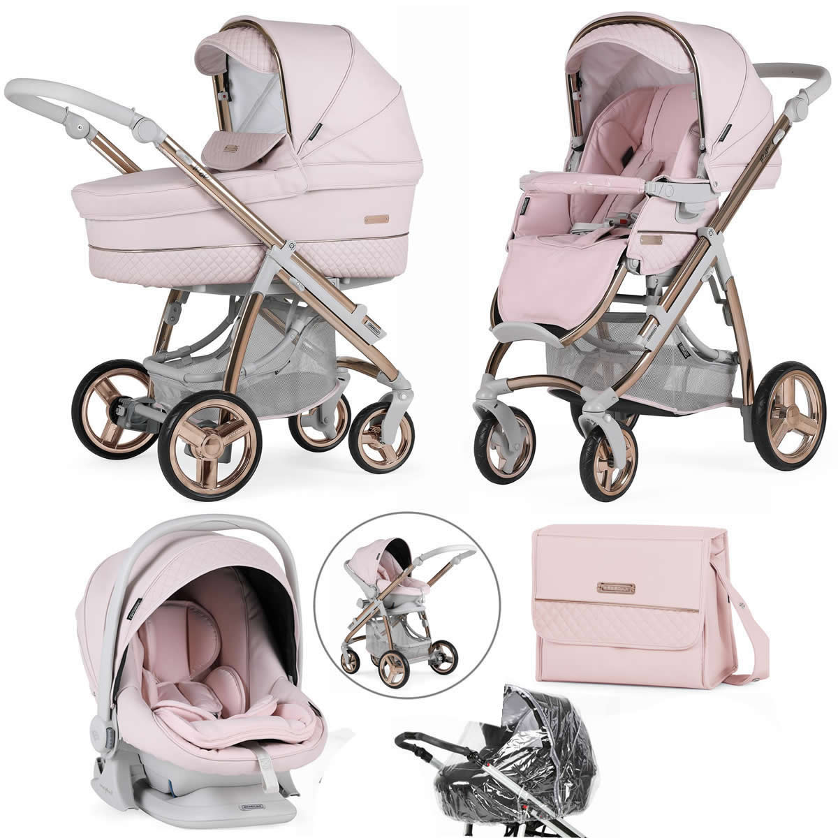 Bebecar Ip Op Classic XL Trio 3 in 1 Travel System Lie Flat Car Seat Raincover FREE Bag Rose Blush